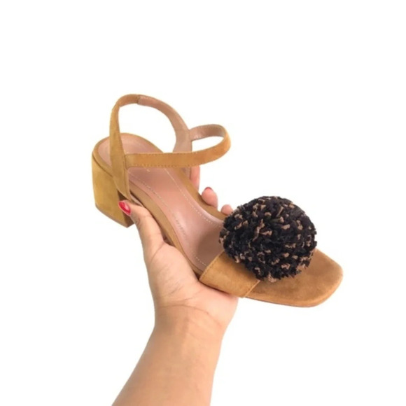 Zara Tan Suede Raffia Pom Pom Strappy Sandals 38 - Picture 3 of 13